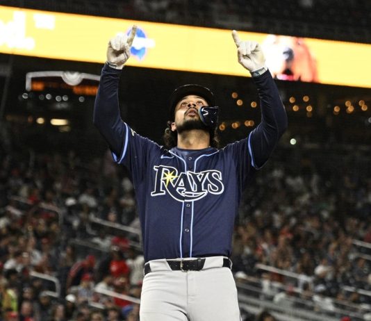Tampa Bay Rays' Everson Pereira, celebrates his home run during the fifth inning of a baseball game against the Washington Nationals, Friday, Aug. 29, 2025, in Washington. (AP Photo/Nick Wass)
