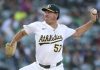 Athletics pitcher Jacob Lopez throws to an Tampa Bay Rays batter during the first inning of a baseball game, Tuesday, Aug. 12, 2025, in West Sacramento, Calif. (AP Photo/Scott Marshall)