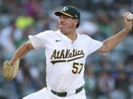 Athletics pitcher Jacob Lopez throws to an Tampa Bay Rays batter during the first inning of a baseball game, Tuesday, Aug. 12, 2025, in West Sacramento, Calif. (AP Photo/Scott Marshall)