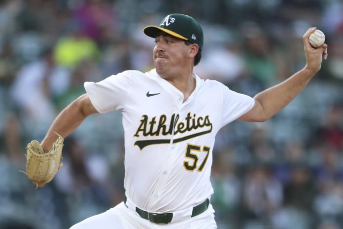 Athletics pitcher Jacob Lopez throws to an Tampa Bay Rays batter during the first inning of a baseball game, Tuesday, Aug. 12, 2025, in West Sacramento, Calif. (AP Photo/Scott Marshall)