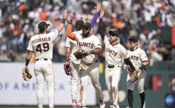 San Francisco Giants ' Tyler Fitzgerald, left, celebrates with Willy Adames, middle rear, Heliot Ramos, middle, Jung Hoo Lee, second from right, and Drew Gilbert after a baseball game against the Tampa Bay Rays in San Francisco, Sunday, Aug. 17, 2025. (AP Photo/Jeff Chiu)