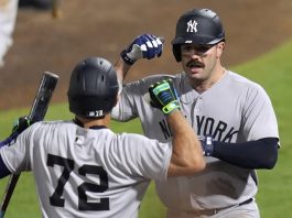 New York Yankees' Austin Wells (28) celebrates with José Caballero (72) after Wells hit a home run off Tampa Bay Rays pitcher Pete Fairbanks during the 10th inning of a baseball game Wednesday, Aug. 20, 2025, in Tampa, Fla. (AP Photo/Chris O'Meara)