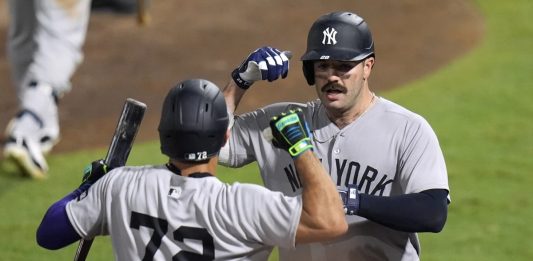 New York Yankees' Austin Wells (28) celebrates with José Caballero (72) after Wells hit a home run off Tampa Bay Rays pitcher Pete Fairbanks during the 10th inning of a baseball game Wednesday, Aug. 20, 2025, in Tampa, Fla. (AP Photo/Chris O'Meara)
