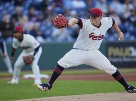 Cleveland Guardians' Parker Messick pitches in the first inning of a baseball game against the Tampa Bay Rays in Cleveland, Tuesday, Aug. 26, 2025. (AP Photo/Sue Ogrocki)