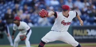 Cleveland Guardians' Parker Messick pitches in the first inning of a baseball game against the Tampa Bay Rays in Cleveland, Tuesday, Aug. 26, 2025. (AP Photo/Sue Ogrocki)