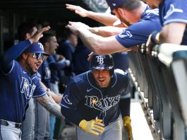 Tampa Bay Rays pinch hiter Nick Fortes rounds the bases after hitting a solo home run against the Chicago Cubs during the ninth inning of a baseball game Saturday, Sept. 13, 2025, in Chicago. (AP Photo/Kamil Krzaczynski)