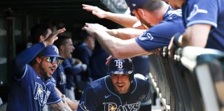 Tampa Bay Rays pinch hiter Nick Fortes rounds the bases after hitting a solo home run against the Chicago Cubs during the ninth inning of a baseball game Saturday, Sept. 13, 2025, in Chicago. (AP Photo/Kamil Krzaczynski)
