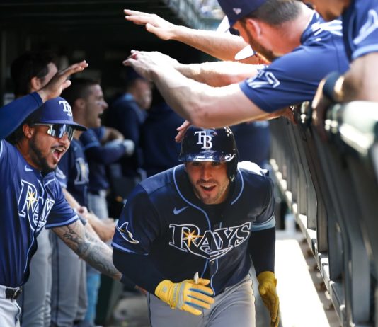 Tampa Bay Rays pinch hiter Nick Fortes rounds the bases after hitting a solo home run against the Chicago Cubs during the ninth inning of a baseball game Saturday, Sept. 13, 2025, in Chicago. (AP Photo/Kamil Krzaczynski)
