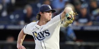 Tampa Bay Rays pitcher Ryan Pepiot delivers to the Cleveland Guardians during the first inning of a baseball game Thursday, Sept. 4, 2025, in Tampa, Fla. (AP Photo/Chris O'Meara)