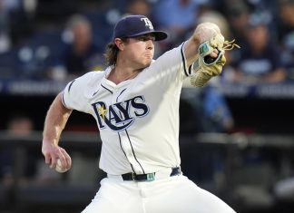 Tampa Bay Rays pitcher Ryan Pepiot delivers to the Cleveland Guardians during the first inning of a baseball game Thursday, Sept. 4, 2025, in Tampa, Fla. (AP Photo/Chris O'Meara)