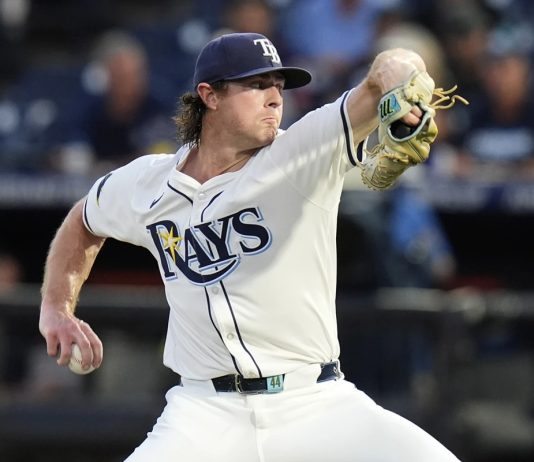 Tampa Bay Rays pitcher Ryan Pepiot delivers to the Cleveland Guardians during the first inning of a baseball game Thursday, Sept. 4, 2025, in Tampa, Fla. (AP Photo/Chris O'Meara)