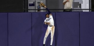 Tampa Bay Rays outfielder Chandler Simpson makes a leaping catch on a fly ball from Toronto Blue Jays' Alejandro Kirk during the fourth inning of a baseball game Wednesday, Sept. 17, 2025, in Tampa, Fla. (AP Photo/Mike Carlson)