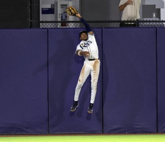 Tampa Bay Rays outfielder Chandler Simpson makes a leaping catch on a fly ball from Toronto Blue Jays' Alejandro Kirk during the fourth inning of a baseball game Wednesday, Sept. 17, 2025, in Tampa, Fla. (AP Photo/Mike Carlson)