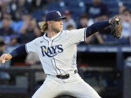 Tampa Bay Rays pitcher Shane Baz delivers to the Seattle Mariners during the first inning of a baseball game Monday, Sept. 1, 2025, in Tampa, Fla. (AP Photo/Chris O'Meara)