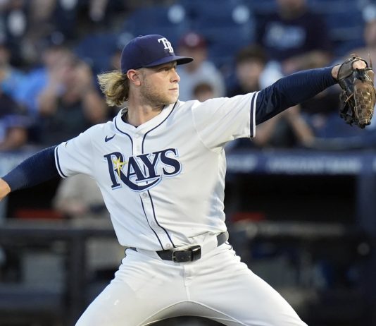 Tampa Bay Rays pitcher Shane Baz delivers to the Seattle Mariners during the first inning of a baseball game Monday, Sept. 1, 2025, in Tampa, Fla. (AP Photo/Chris O'Meara)