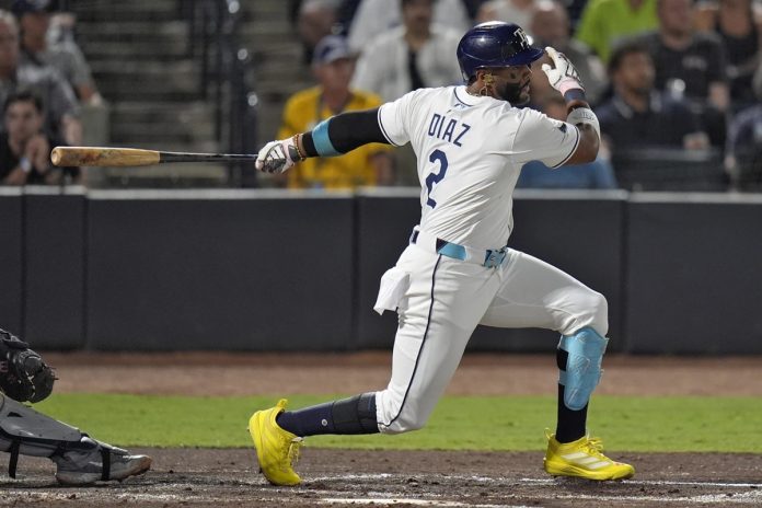 Rays Defeat Mariners 9-4 Tampa Bay Rays' Yandy Díaz (2) singles off Seattle Mariners pitcher George Kirby during the second inning of a baseball game Wednesday, Sept. 3, 2025, in Tampa, Fla. (AP Photo/Chris O'Meara)