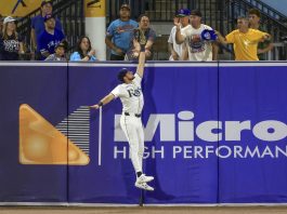 Tampa Bay Rays outfielder Josh Lowe jumps for a hit by Toronto Blue Jays' Nathan Lukes that was eventually ruled a home run after review during the fourth inning of a baseball game Tuesday, Sept. 16, 2025, in Tampa, Fla. (AP Photo/Mike Carlson)