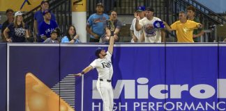 Tampa Bay Rays outfielder Josh Lowe jumps for a hit by Toronto Blue Jays' Nathan Lukes that was eventually ruled a home run after review during the fourth inning of a baseball game Tuesday, Sept. 16, 2025, in Tampa, Fla. (AP Photo/Mike Carlson)