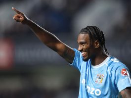Haji Wright of Coventry City during the Sky Bet Championship match between Millwall and Coventry City at The Den on October 01, 2025 in London, England.