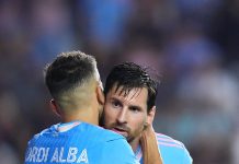 Jordi Alba of Inter Miami CF celebrates with teammate Lionel Messi #10 after scoring the team's fourth goal during the MLS match between Inter Miami CF and New England Revolution at Chase Stadium on October 04, 2025 in Fort Lauderdale, Florida.