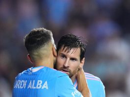 Jordi Alba of Inter Miami CF celebrates with teammate Lionel Messi #10 after scoring the team's fourth goal during the MLS match between Inter Miami CF and New England Revolution at Chase Stadium on October 04, 2025 in Fort Lauderdale, Florida.