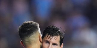 Jordi Alba of Inter Miami CF celebrates with teammate Lionel Messi #10 after scoring the team's fourth goal during the MLS match between Inter Miami CF and New England Revolution at Chase Stadium on October 04, 2025 in Fort Lauderdale, Florida.