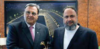 President of the Hellenic Olympic Committee, Isidoros Kouvelos, with Vangelis Marinakis, owner of Capital Maritime & Trading Corp. Photo: Hellenic Olympic Committee